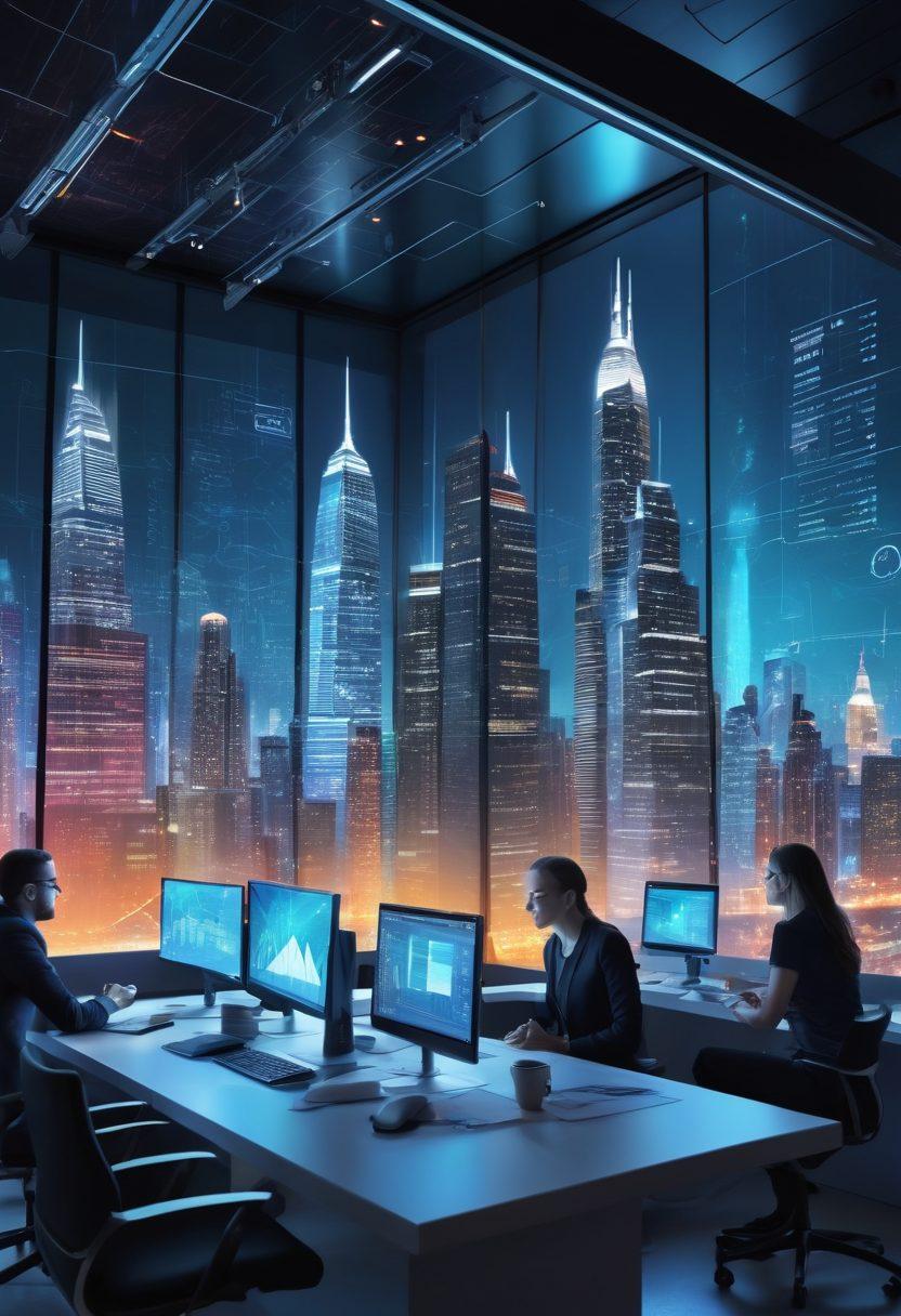 A dynamic workspace scene illustrating a diverse team collaborating around a digital interface filled with data charts, graphs, and brainstorming notes. The background features transparent screens displaying innovative technology tools symbolizing management and support. The atmosphere is vibrant and inspiring, with bright colors highlighting the potential for new ideas and possibilities. A futuristic city skyline is visible through large windows, symbolizing growth and progress. super-realistic. vibrant colors. 3D.
