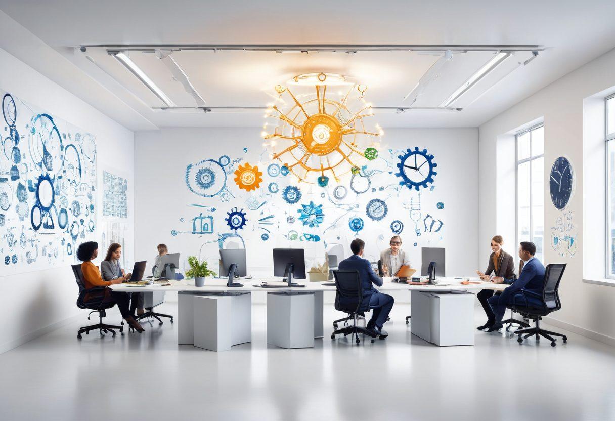 A bright and dynamic representation of a futuristic office environment where diverse professionals are collaborating around a digital interface, showcasing innovative technology and brainstorming ideas. Include visual symbols of creativity like lightbulbs and gears, with sparks of inspiration in the air. The color scheme should be vibrant and energetic, symbolizing growth and progress. super-realistic. vibrant colors. white background.
