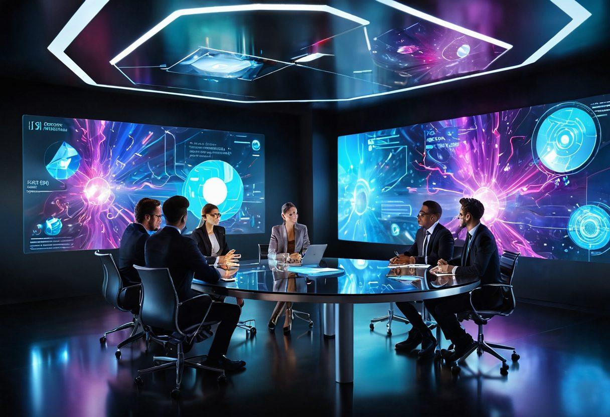A dynamic business meeting scene showcasing diverse professionals brainstorming around a modern table, with digital holograms illustrating IJHN innovations and technological advancements swirling around them. The room is filled with futuristic elements like glass walls and high-tech gadgets, symbolizing creativity and collaboration. Emphasize an atmosphere of inspiration and innovation. vibrant colors. super-realistic. tech-inspired.